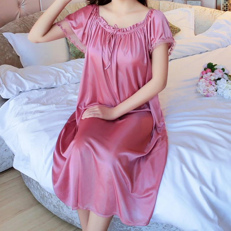 Women Night Gowns Sleepwear Lace Patchwork Nightwear Long Sleeping Dress Casual Ladies Home Dressing