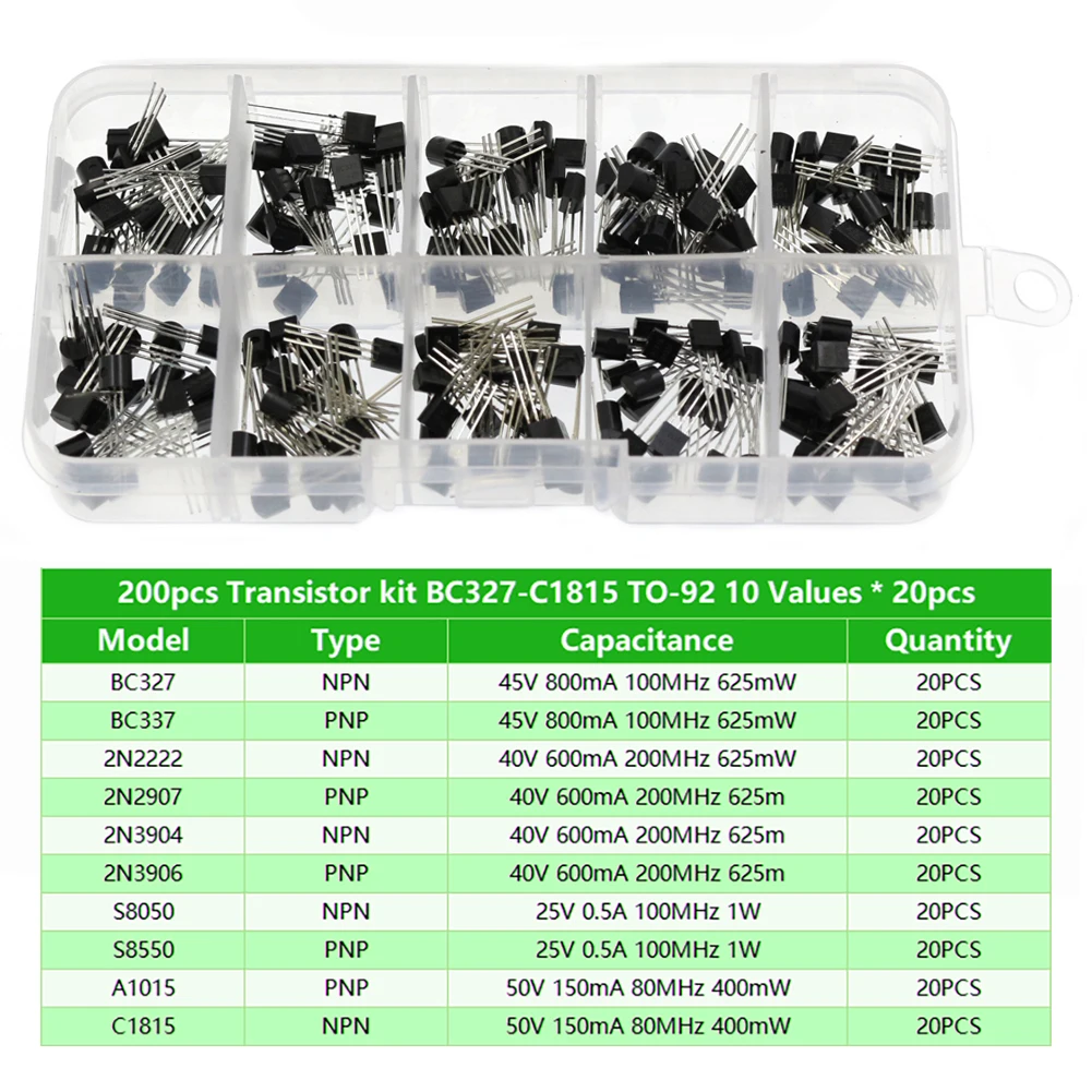 10 Values TO-92 200PCS Transistor Assortment BC327 BC337 2N2222 2N2907 2N3904 2N3906 S8050 S8550 A1015 C1815