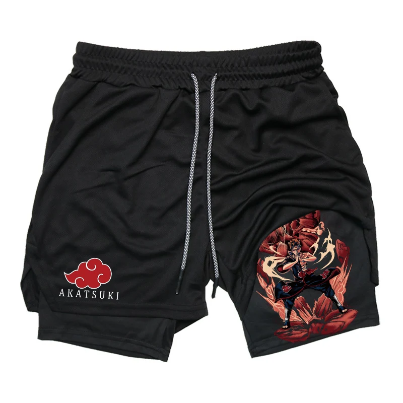 2025 Men's 2 in 1 Workout Fitness Running Anime Print Performance Shorts Athletic Compression with Towel Loop Pockets Gym 6