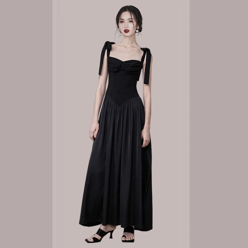 

MYSIMLOCHIC Solid Plain Black Long Maxi Dress For Women 2023 Summer Straps A Line Pleated Beach Dresses Office Lady