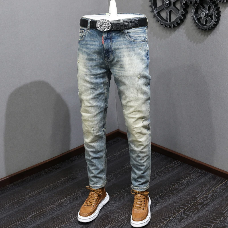 Italian Style Fashion Men Jeans High Quality Retro Blue Stretch Slim Fit Ripped Jeans Men Trousers Vintage Designer Pants Hombre