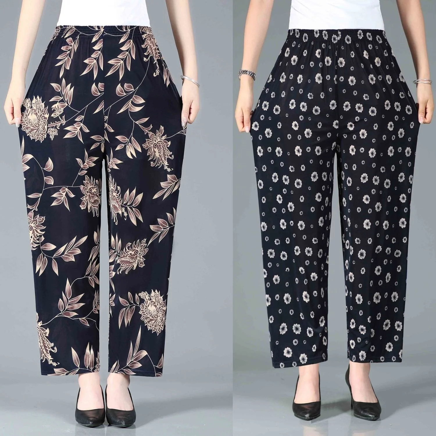 2024 Women's Pants Summer Bottoms Casual High Waist Trousers Mother's Thin Floral Print Straight Pants Female 3XL 4XL