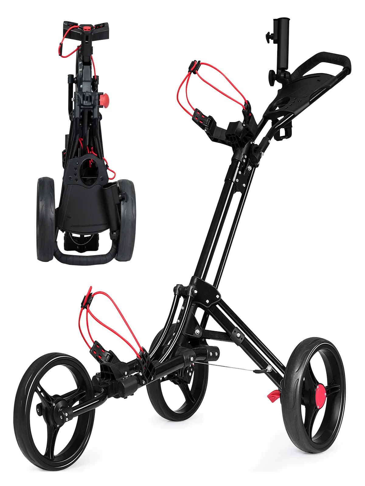 3-Rad-Golf-Schubkarren, zusammen klappbarer Golf-Walking-Schubkarren mit elastischen Trägern, Regenschirm und Getränke halter, Aufbewahrung der Anzeigetafel, leicht – Detail 1