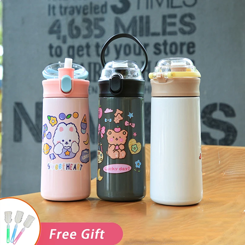 Double-Drink Tumbler Kawaii Kids Insulated Cups Cute Water Bottle For Girls  Cartoon Portable Straw Thermos Coffee Vacuum Flasks