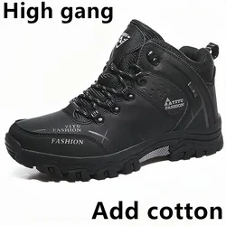 Men's Waterproof Leather Winter Hiking Boots - Super Warm Outdoor Snow Sneakers - 45 (Black-04 cotton)