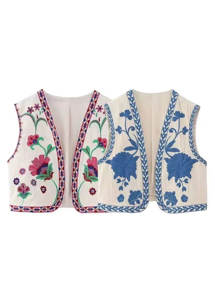 HH Floral Embroidered Short Vest For Woman Fashion Sleeveless Open Stitch Vests Coats Women Casual 2K Vintage Outerwear