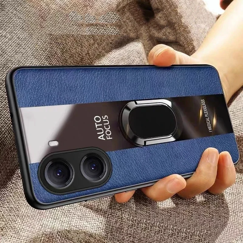 Plexiglass PU Leather Phone Case with Magnetic Metal Ring Stand - Shockproof Protective Back Cover