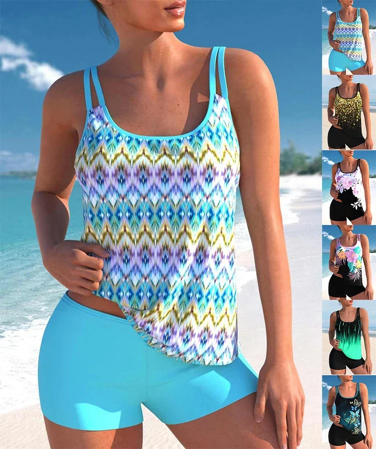 Summer Women Swimsuit Double Straps Comfortable Vacation Beach Tankini Shorts Meteor Print S 6XL