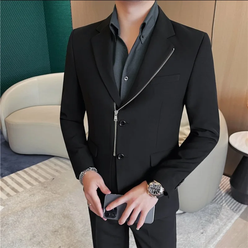 Zipper Men Blazers Spring Business Casual Suit Jacket Slim Office Social Dress Coat Wedding Groom Men Clothing