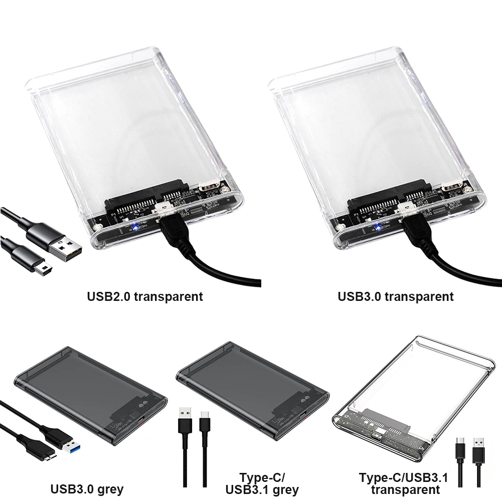 2.5 Inch HDD SSD Enclosure Transparent Mobile Hard Drive Case USB3.1 Type C External Hard Disk Drive Box SATA for Laptop Tablet