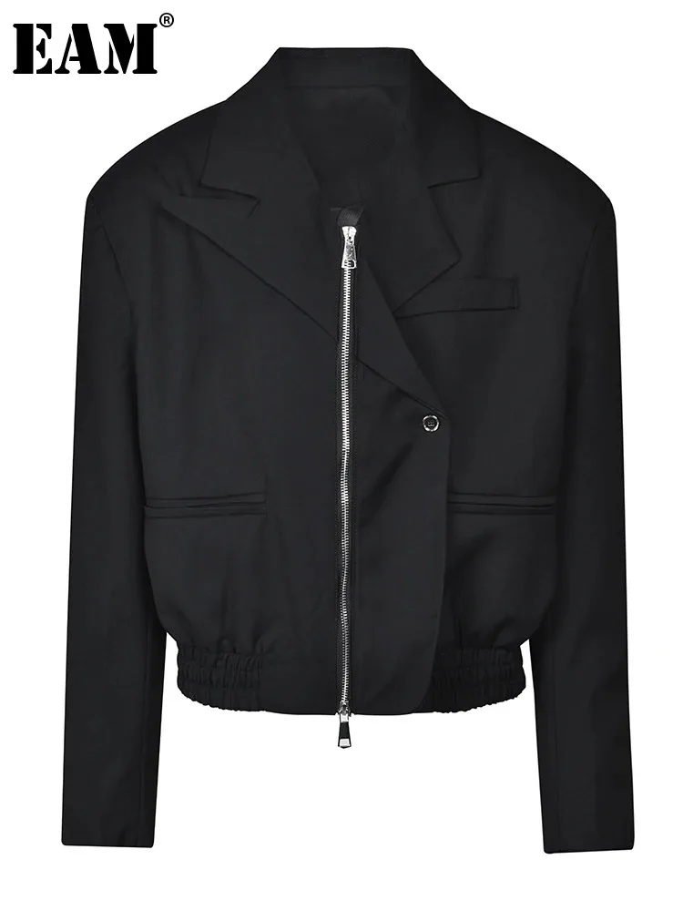 

[EAM] Свободная черная Асимметричная куртка на молнии большого размера, новая женская куртка с отворотом и длинным рукавом, модная демисезонная 2024 1DF8381