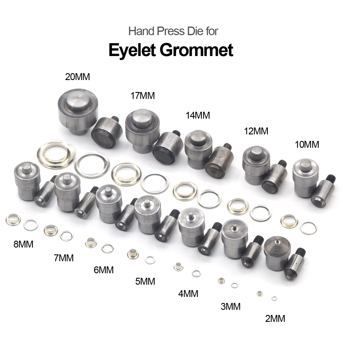 Eyelet Grommet Dies 1Set Eyelet Grommet Die 1.5mm 2mm 2.5mm 3mm 4mm 5mm 6mm 8mm 10mm 12mm 14mm 17mm 20mm For Hand Press Tool Machine