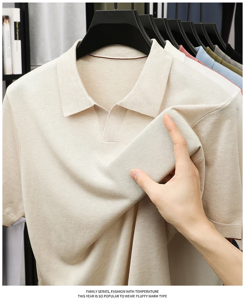 100% Lyocell Knitwear 2025 Men Spring Summer Trendy Turn Down Collar Knit Tees Short Sleeve Breathable Knit Tops