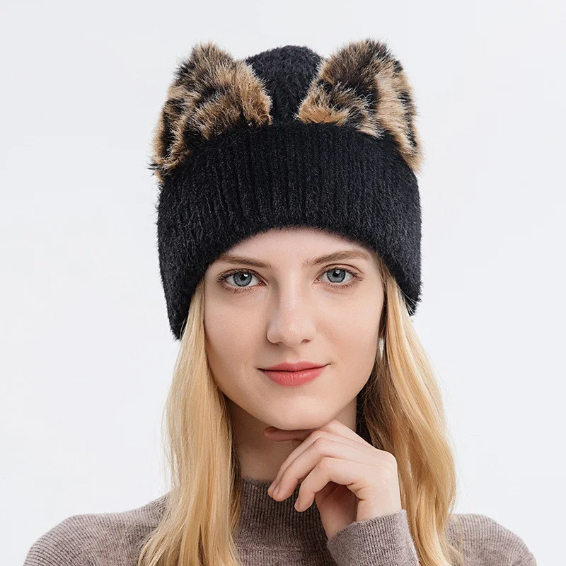 

Beanies For Women Winter Warm Soft Acrylic Knitted Hats Cute Korean Style Leopard Cat Ears Hat Female Outdoor Windprood Skullies