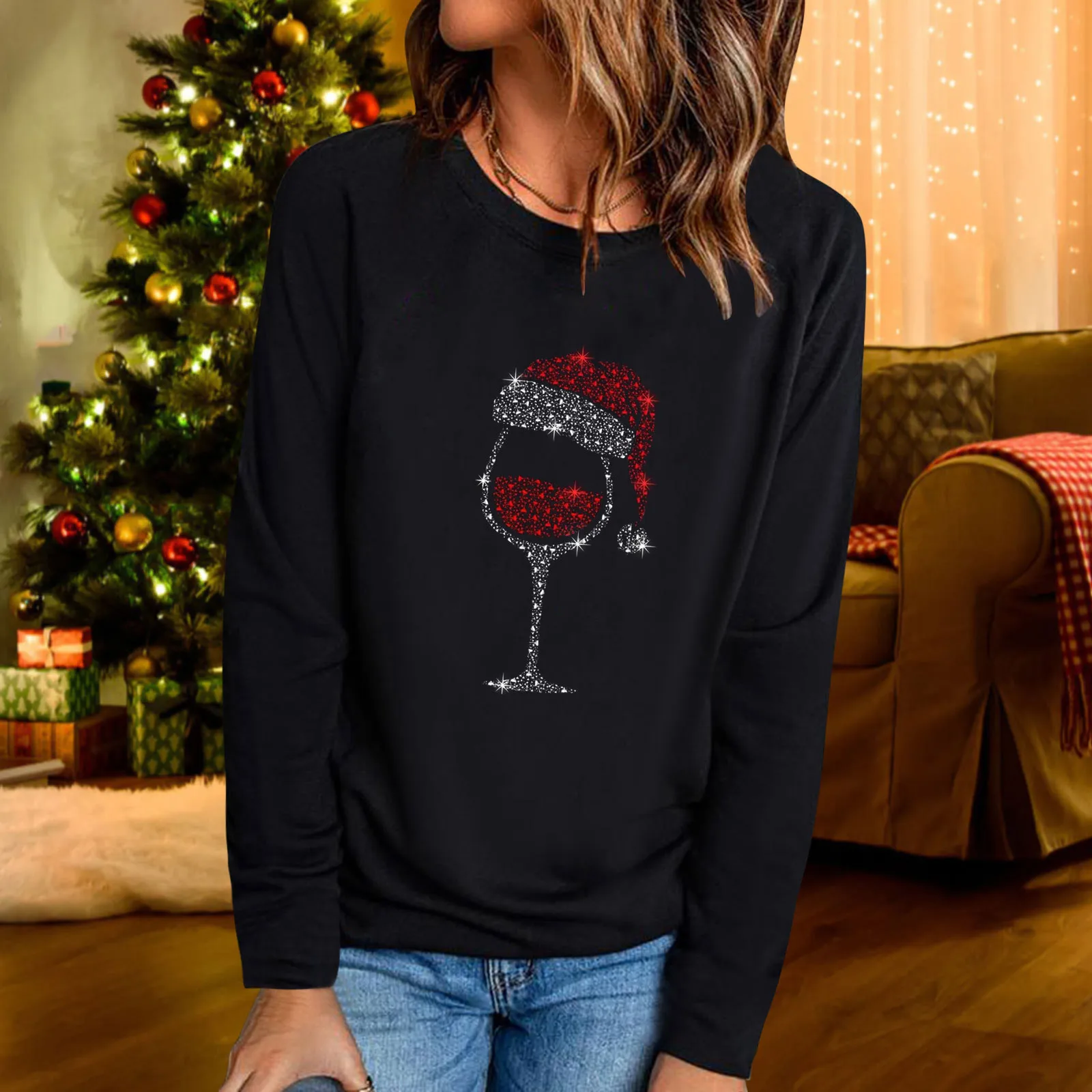 

Wine Santa Claus Head T Shirt Xmas Womens Hoodies Vantage Long Sleeve Tee Tops Oversize Long Sleeve New Year Tshirts Female