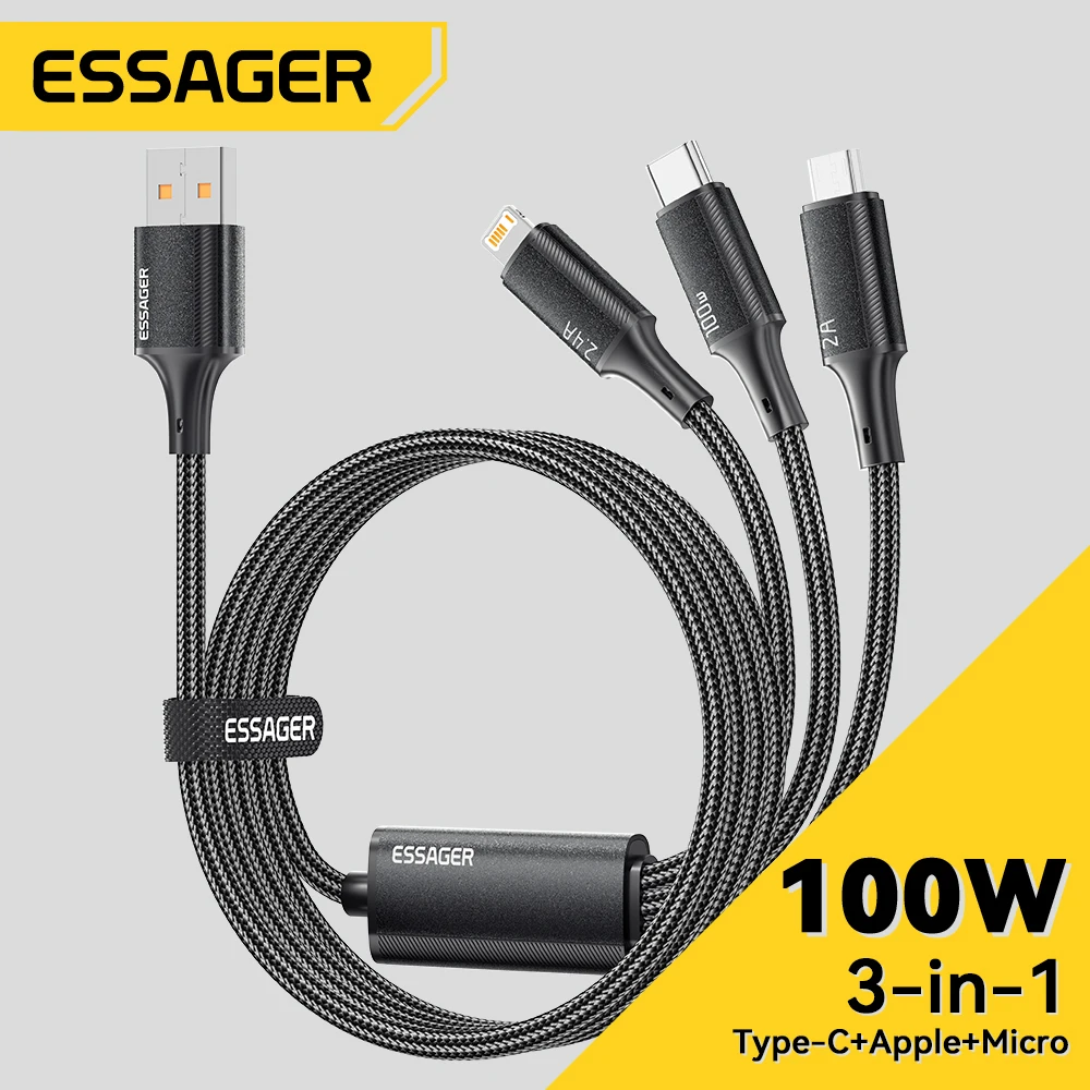 

Кабель зарядный Essager 3 в 1, USB Type-C, 100 Вт, 7 А
