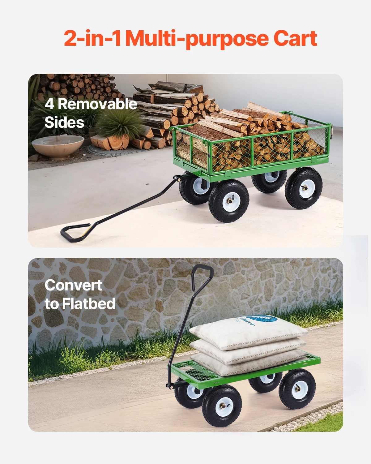 Steel Garden Cart on Wheels Pullable Metal Yard Wagon Carts 180&deg;Rotating Handle For Yard