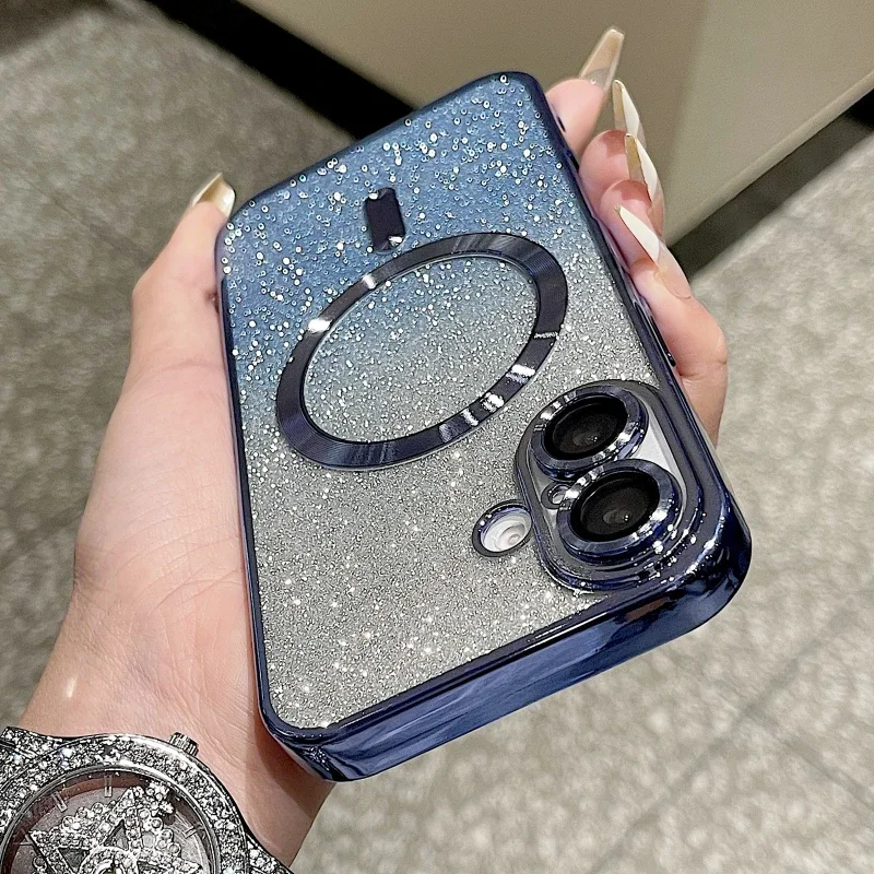 Coque de téléphone souple magnétique à paillettes de luxe pour iPhone 16 15 14 13 12 11 Pro Max Plus, coque de chargement sans fil antichoc_voghion.com