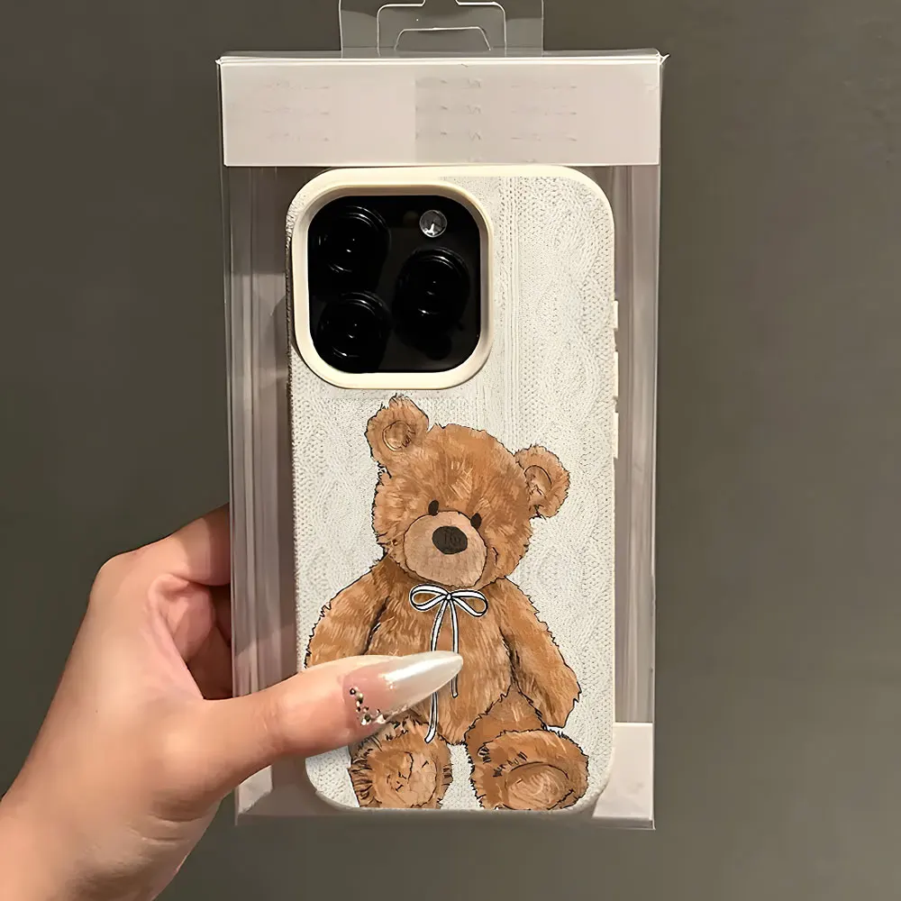 Cute Brown Teddy Bear Pattern Lychee Soft Phone Case