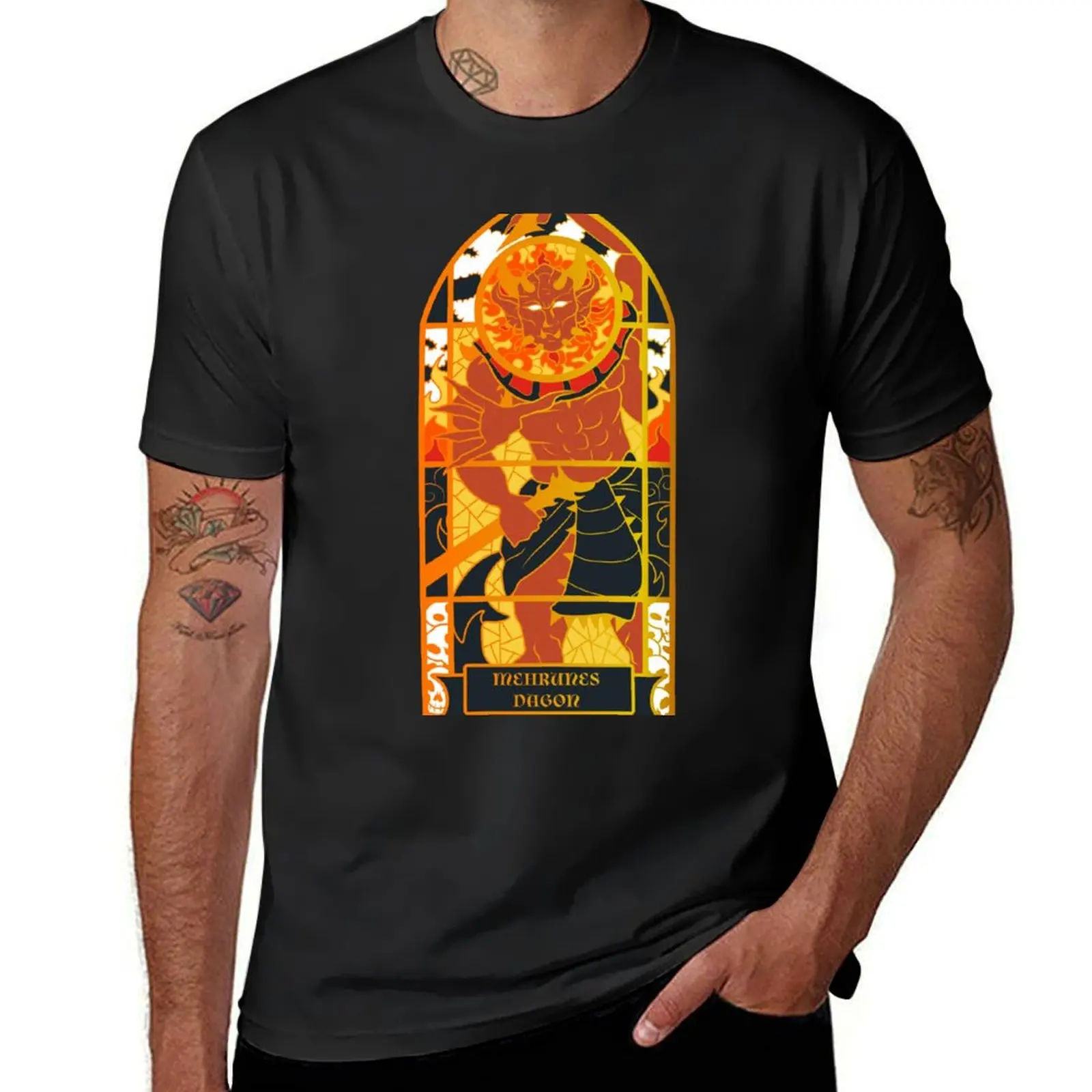 Mehrunes Dagon Oblivion Stained Glass Window Prince Fantasy Scrolls RPG Gamer Gaming T-Shirt sports fans blacks men clothing