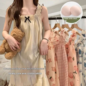 Summer Ladies Nightgown Halter Nightgown Nightgown Women Summer Vest Nightgown with Bra Pads Can Be Worn Outside Home Wear 1