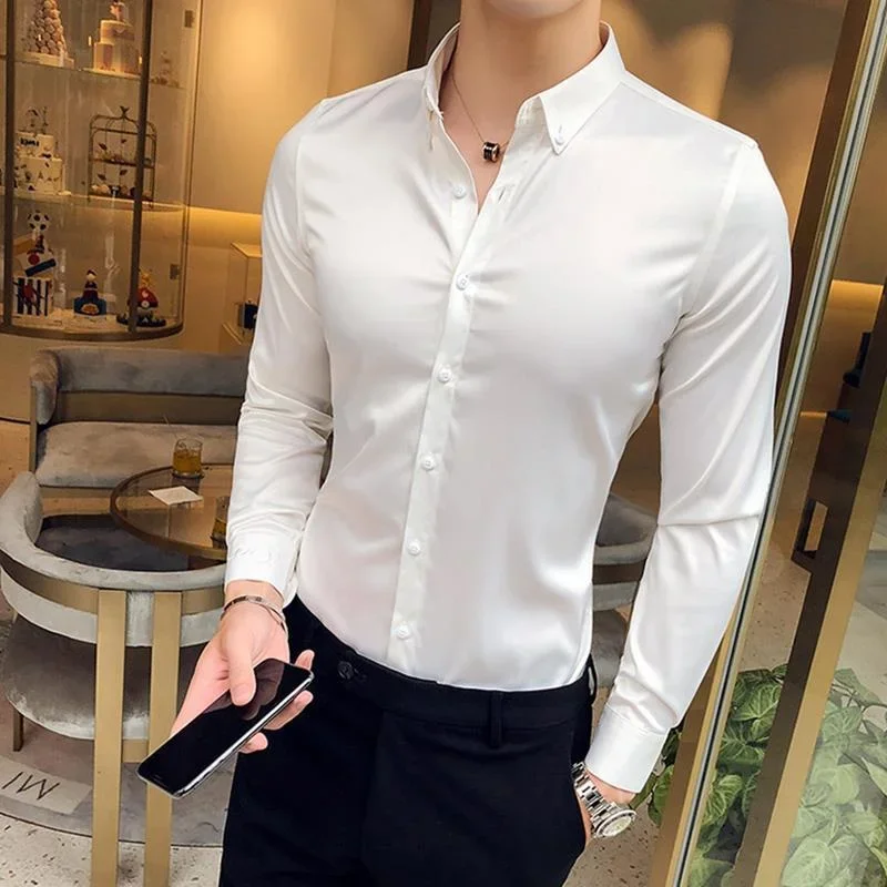 Plain Long Sleeve Shirts and Blouses for Men Business Silk Summer Button Man Tops Fashion 2023 Social High Quality Clothing S I