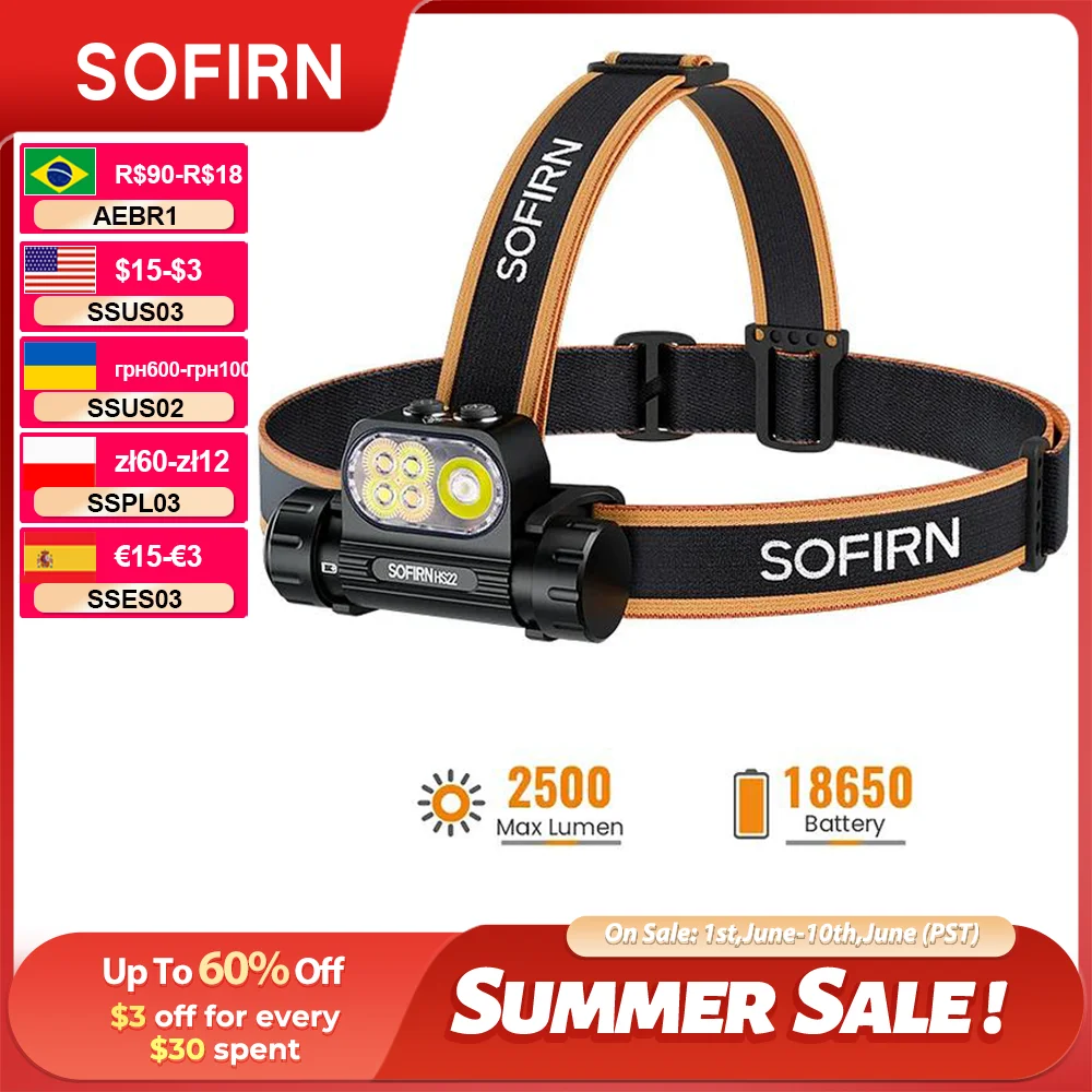 SOFIRN HS22 Headlamp SFT25R LED 6000K Rechargeable 2500lm Dual Switch With 2700K Warm Multi Camping Light Sources_voghion.com