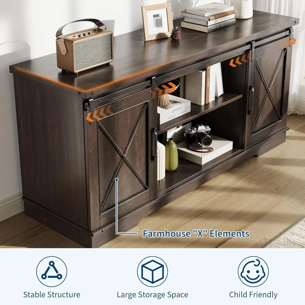 New2025-Farmhouse TV Stand and Entertainment Center for TV Up to 65 Inches with Sliding Barn Doors and Adjustable Shelf, Tv Medi