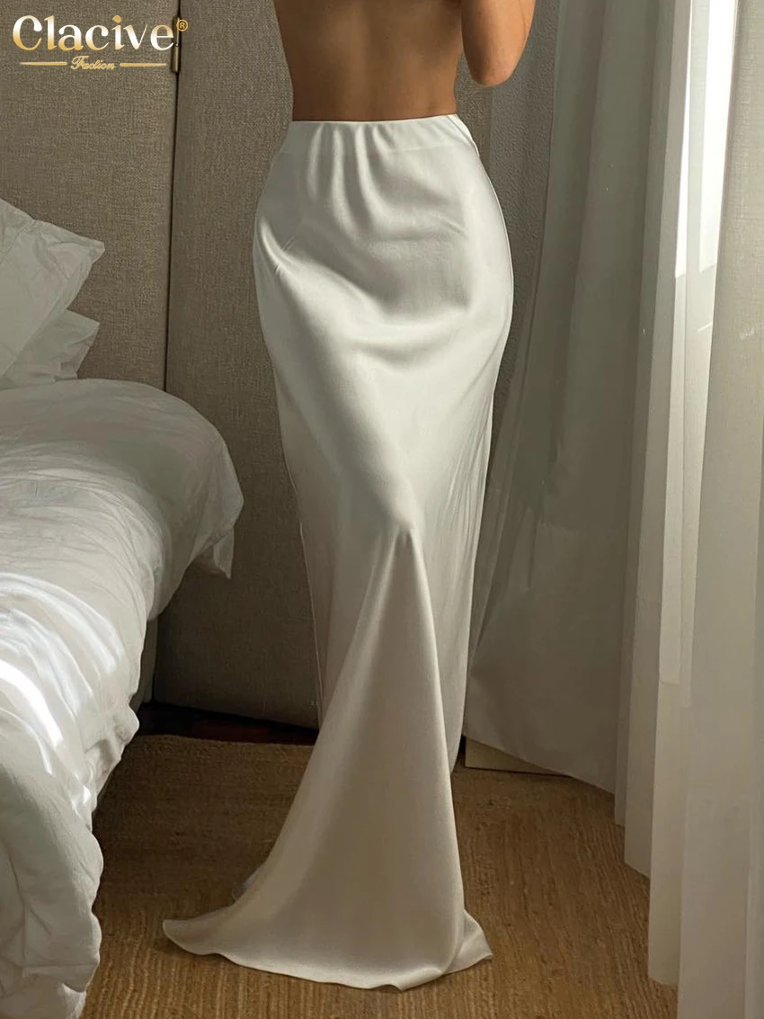 Clacive Casual White Satin Women'S Skirt 2023 Fashion Loose High Waist Maxi Skirts Elegant Simple Slik Faldas Female Clothing