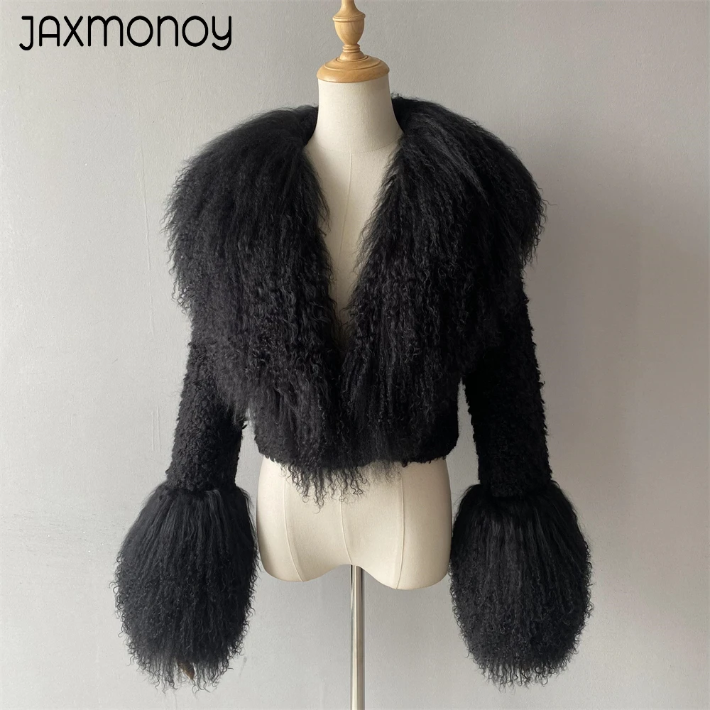 ジャケット・アウター MIX FUR COCOON COAT Jaxmonoy Women's Tweed Jacket With Real Mongolian Fur Collar