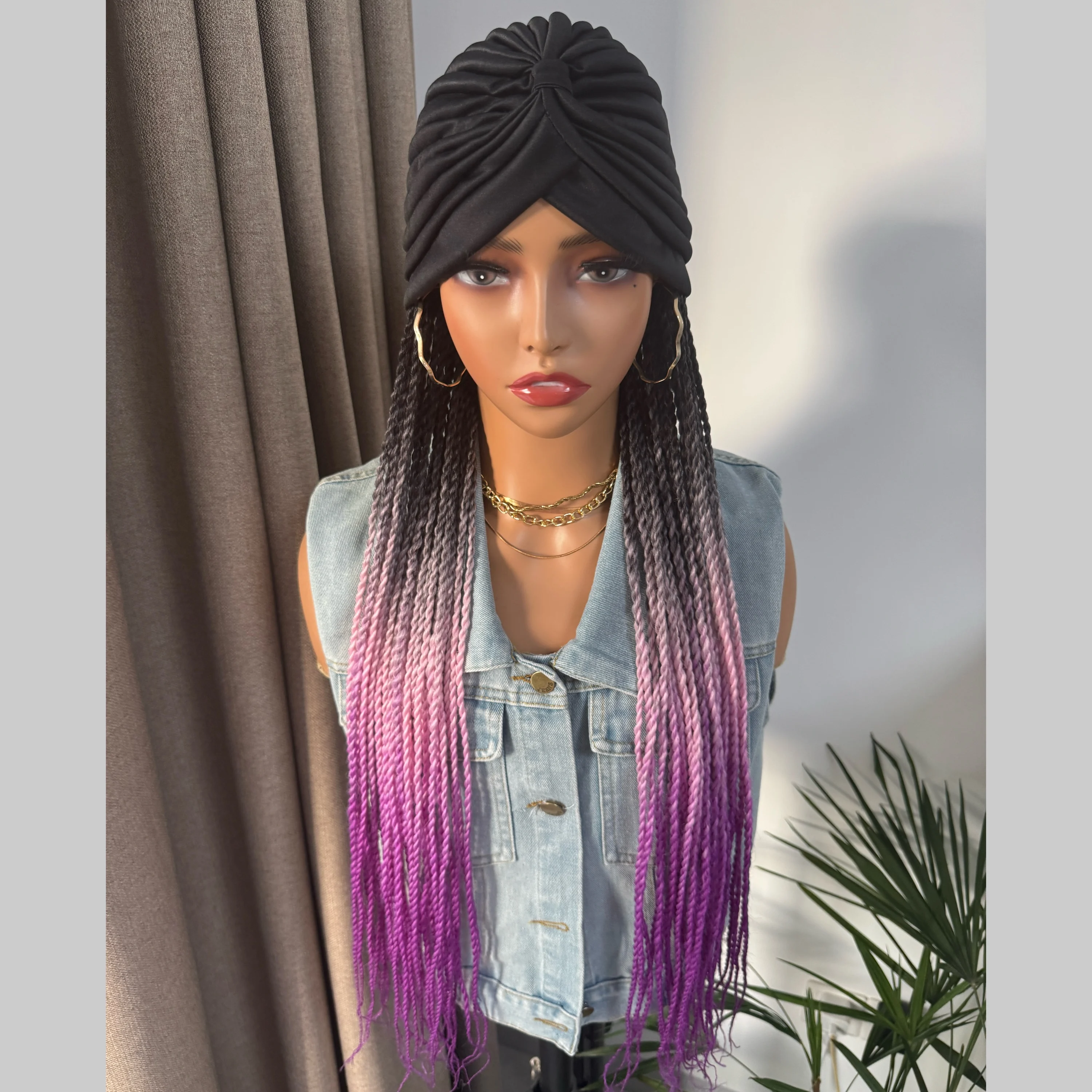 WIGERA Long 24Inch Ombre Fantasy Senegalese Twist Braided Synthetic Wig With Headband Turban Braiding Hair Extensions For Women