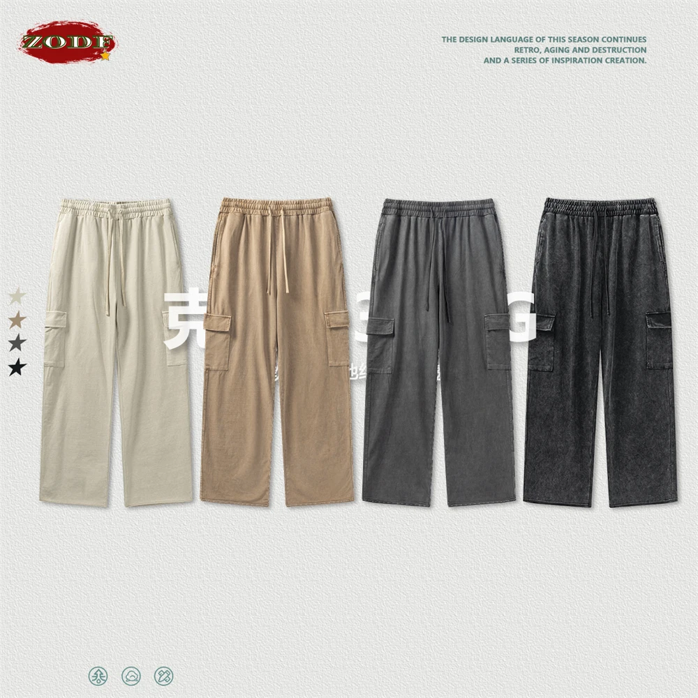 ZODF New 2024 Spring Summer 358gsm Cotton Cargo Pants For Men Unisex Casual Washed Straight Multi-Pockets Loose Trousers HY0829 6