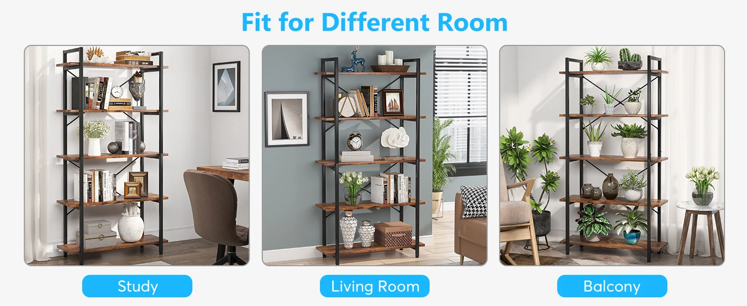 5 Tier Bookshelf, Industrial Etagere Bookcase with Metal Frame, Rustic Tall Book Shelf Unit for Living Room (1, Rustic)