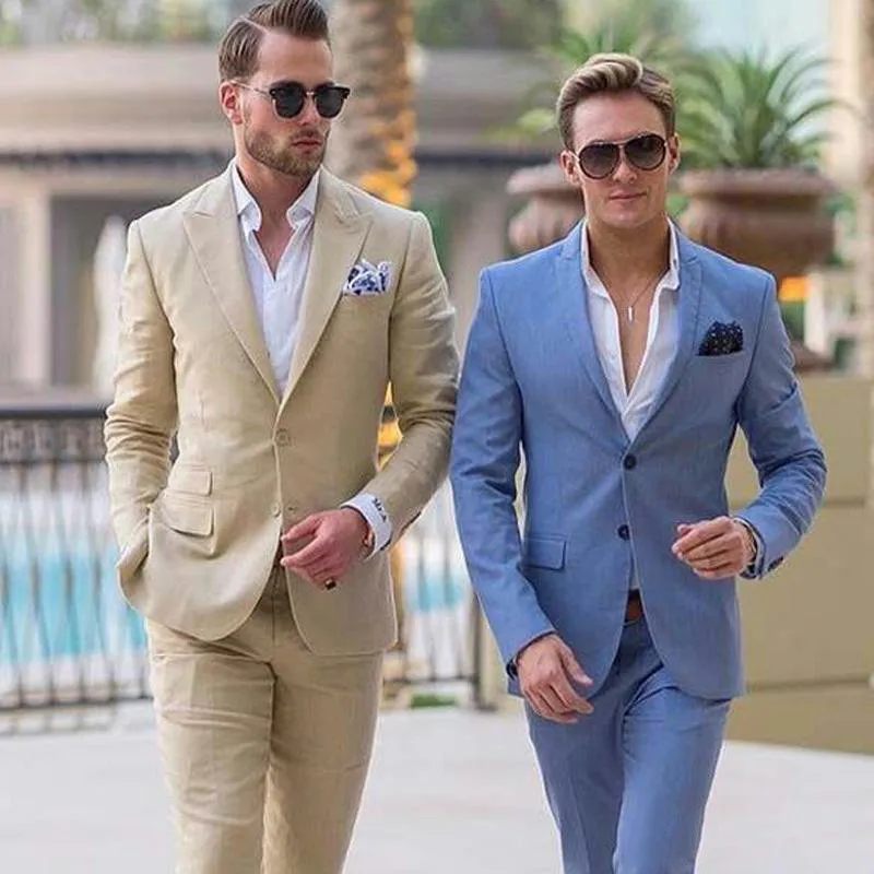 

2023 Ivory Linen Men Suits for Beach Wedding Groom Tuxedos Notched Lapel Terno Two Pieces Groomsmen Wear Slim Fit Men Suits