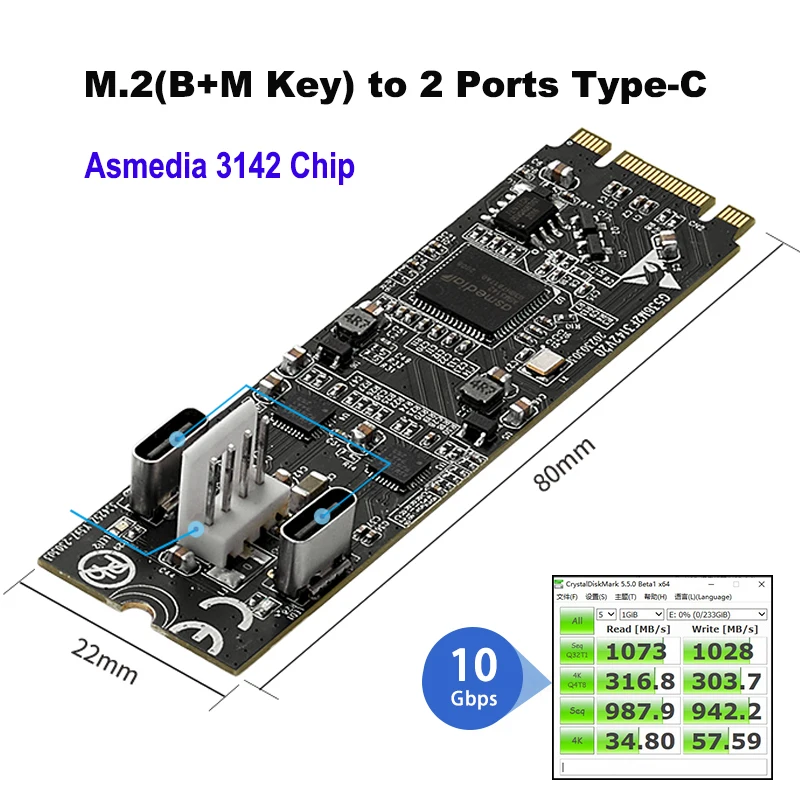 Iocrest Tipo-c Host Controller Card Data Transfer Riser Usb 3.2 Gen2 10 Gbps 22×60 b Chave m Key M.2 a Portas Asm3142