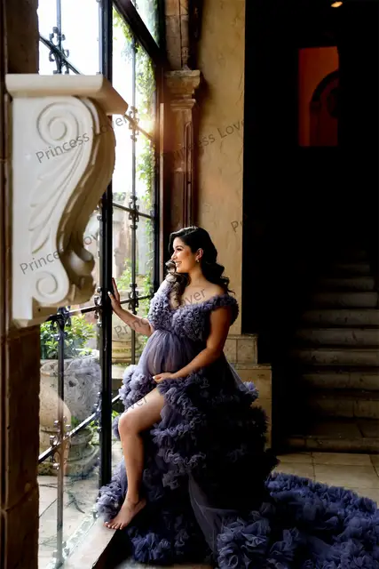 V Neck Ruffles Prom Dresses for Pregnant Women Front Split Evening Dress Maternity Gowns for Photo Shoot Robes Blue