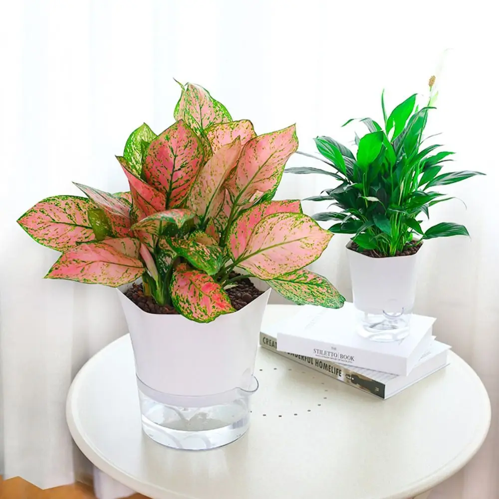 Transparent Double Layer Plastic Flower Pot Self Watering Flowerpot Cotton Rope Watering Small Plant Pot with Injection Port