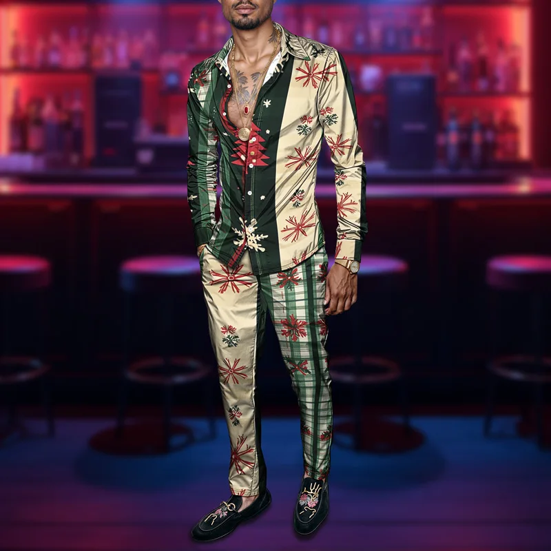 2025 Fashionable Spring Summer Men Shirt Set Christmas Print Fashion Gingerbread Man Two Piece Set Mens Snowman Lightweight_voghion.com