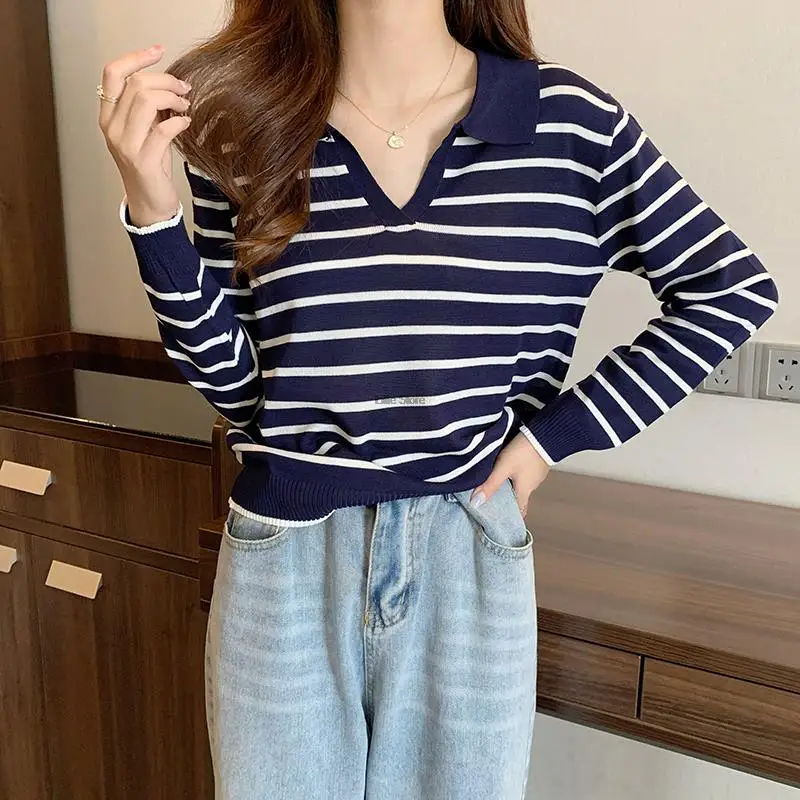 Striped V-neck Pullover Polo Sweater Women Spring Autumn All-match Tops Long-sleeved Knitted Bottoming Sweaters Jumpers cropped sweater