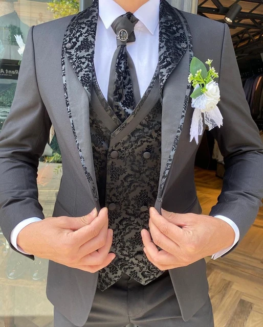 Esmoquin con patrón negro para hombre, ropa de novio, pantalones de boda de  un botón, trajes de negocios, chaqueta de fiesta de graduación, 3 piezas -  AliExpress