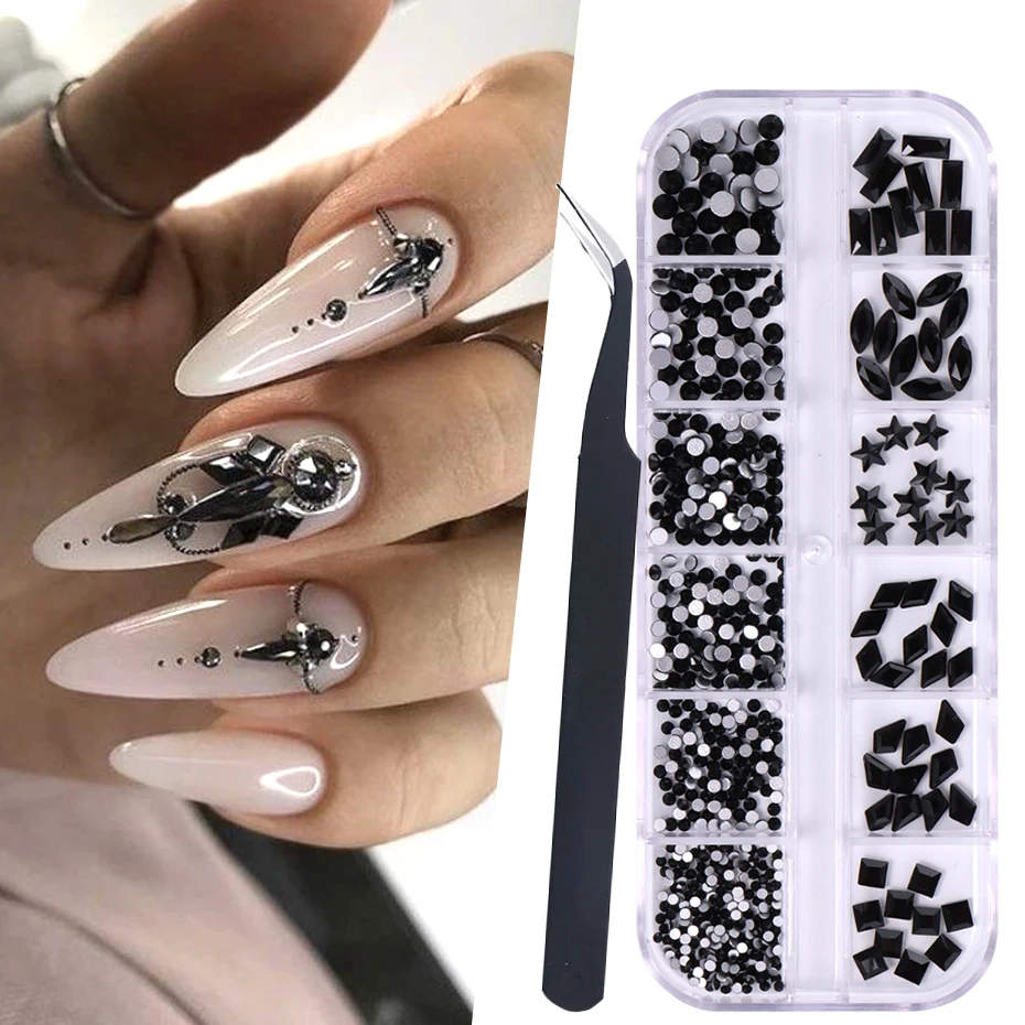 12Grid Black Glass Crystal Nail Rhinestones Flatback Odd Shaped Diamond Star Square Design Jewelry With Tweezers Decor Accessory