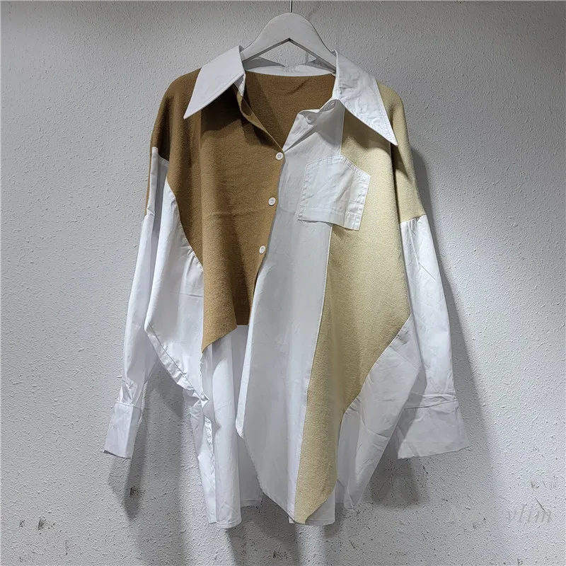 

Fake Two-Pieces Shirts for Women 2022 New Design Patchwork Knitted Stop Spring and Autumn Loose Long Sleeve Blusas Streetwears