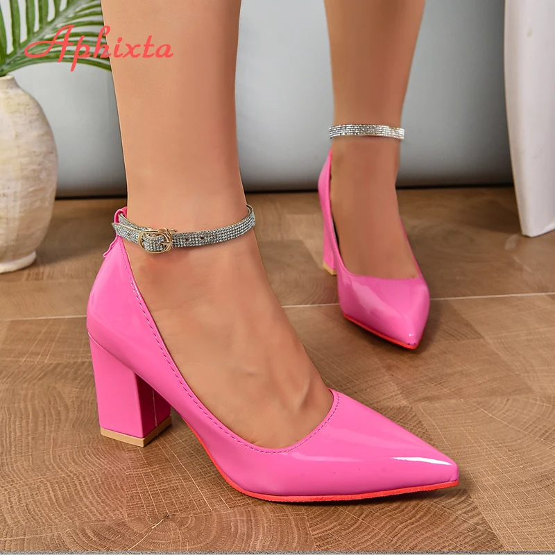 Aphixta 1cm All Crystals Belt Buckle Super Big Size 52 53 Patent Leather 7cm Chunky Heels Official Pumps Pointed Toe Women Shoes