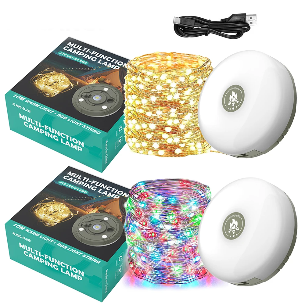 USB 충전식 캠핑 라이트, 10 계량기 라이트, 스트링 야외 텐트 라이트, RGB 분위기 조명, XTE LED 손전등, 자석 후크 포함 