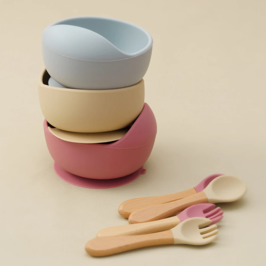 Mamaplan 3PCS Baby Silicone Feeding Set Toddler Suction Bowl Feeding Training Spoon Fork Baby Dishes Plate Accessories silicone meal set silicone feeding set baby tableware set