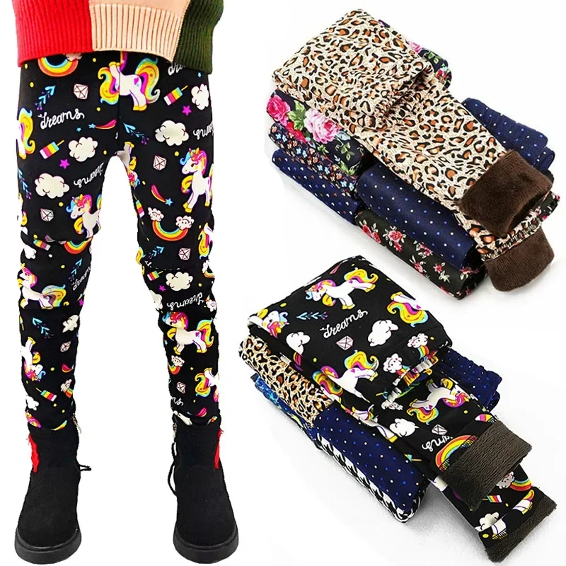 Cheap Autumn Winter Girls Leggings Kids Thick Warm Dot Leopard Plus Velvet  Pants Children Flowers Trousers