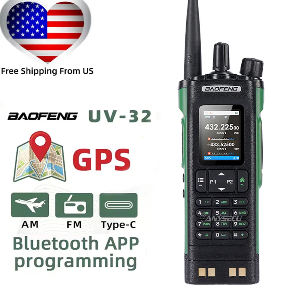 BAOFENG UV-32 10W Bluetooth Programming Radio Multi Band Walkie Talkie with GPS Wireless Copy Frequency Type-C Two Way Radio