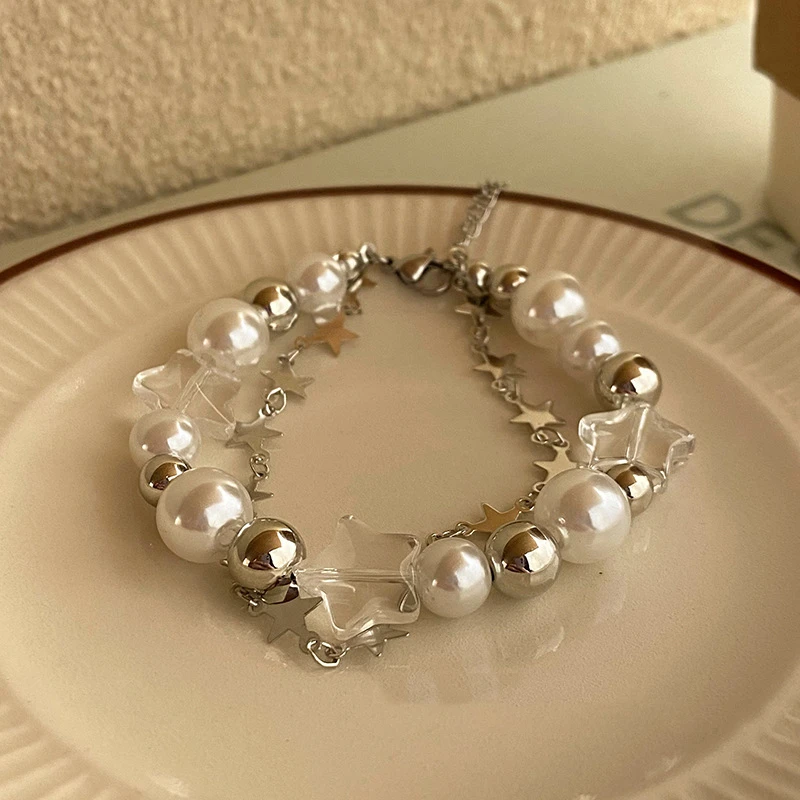 Multilayer Irregular Imitation Pearl Chunky Chain Star Flower Pendant Bracelet For Women