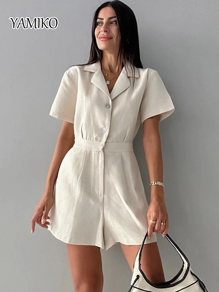 YAMIKO 2024 Summer Women Office Linen Jumpsuit Solid Khaki Short Sleeve Lapel Button Shorts Romper Overalls For Women Playsuits