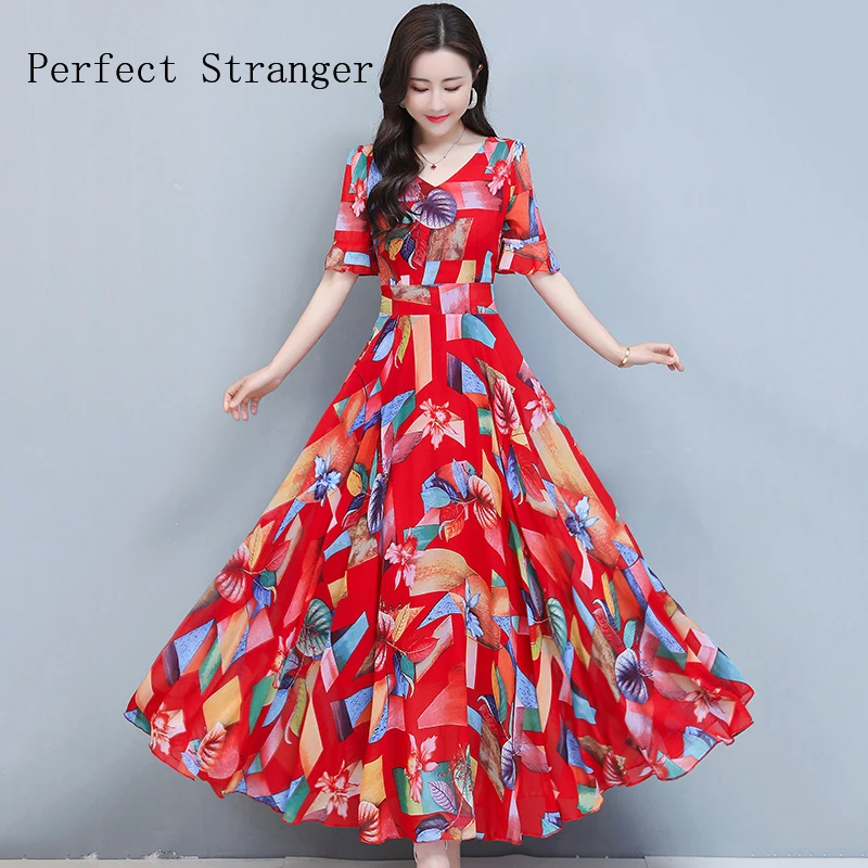 

2023 Summer New Arrival High Quality V Collar Color Block Short Sleeve Women Dress Long Chiffon Dress